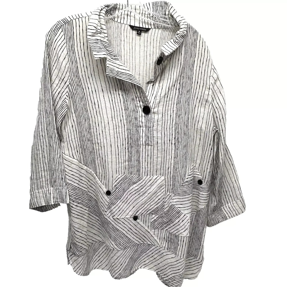 John Mark Womens White W/Black Stripes Medium Blouse-Missing Button(UB)